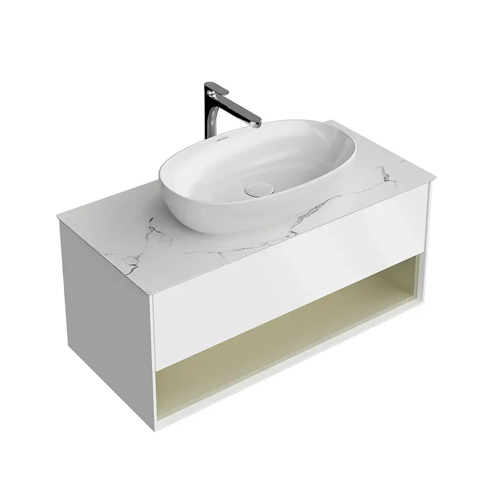 KMPMCb100MSg1 Тумба Plaza Modern/Плаза Модерн подвесная 100, нажимное открывание, 1 ящик, подсветка, белая матовая+шалфей