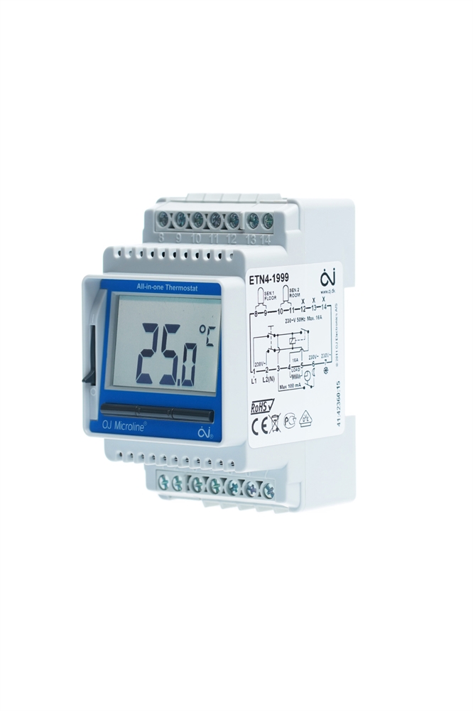 Цифровой терморегулятор на DIN-рейку OJ Electronics ETN-1999 с датчиком температуры пола (16А/3500Вт), арт. ETN4-1999