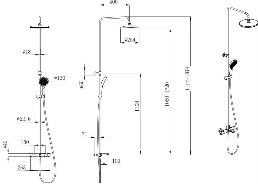 FO.301.KM.BLK.M Душевая колонна Fonte/Фонте на 3 потока с фиксированным изливом и термостатическим смесителем, черный матовый